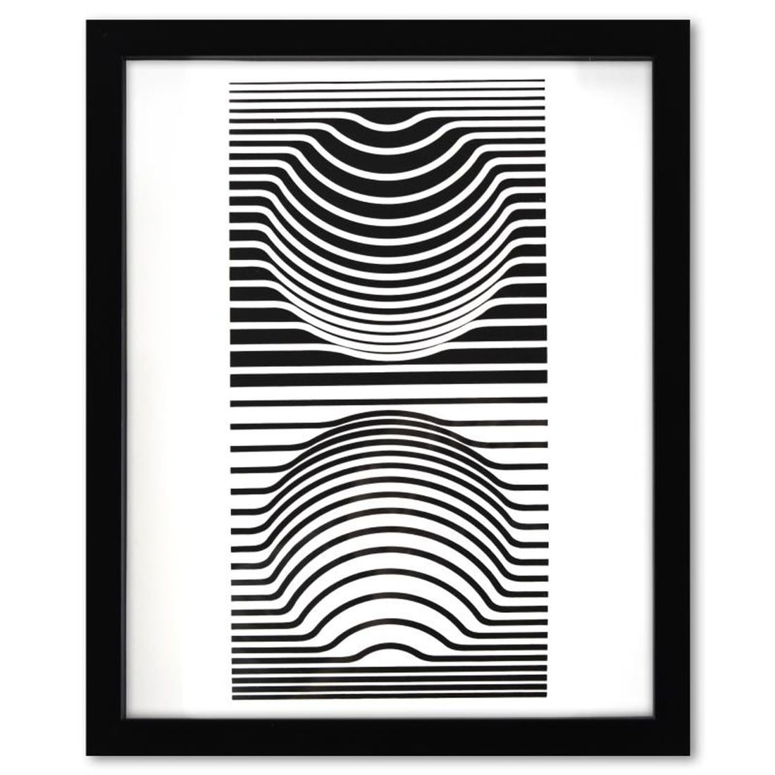 Victor Vasarely (1908-1997), "Sir -Ris de la serie Ondulatoires" Framed 1973 Heliogravure Print with: Sir -Ris de la serie Ondulatoires is a heliogravure print on paper, published in 1973, by Victor Vasarely (1908-1997). This piece comes custom framed, with a letter of authenticity and with a 1976 Vas