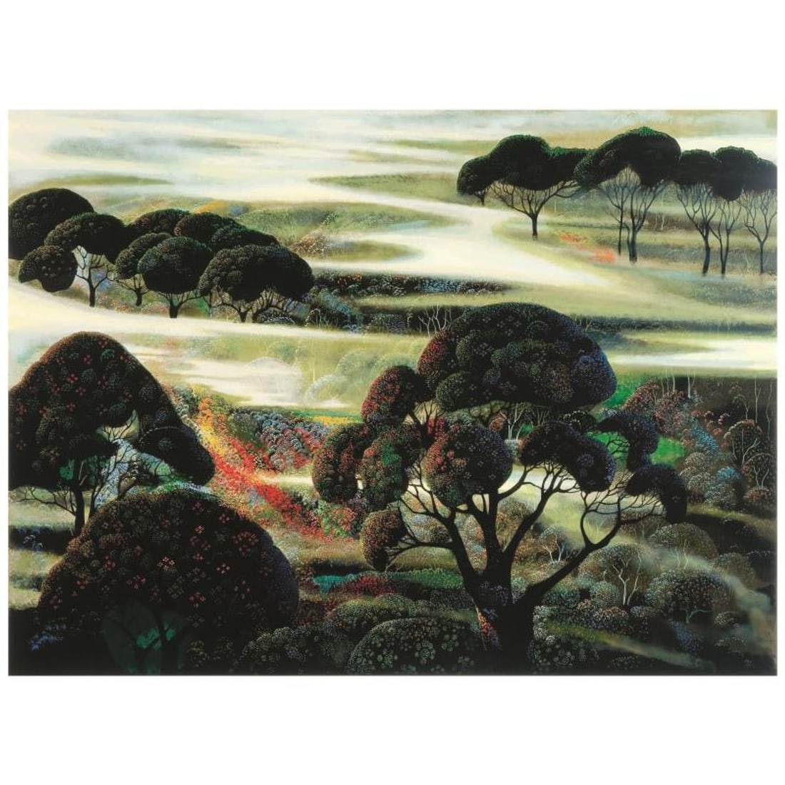 Eyvind Earle (1916-2000), "Forest in Fog" Estate Limited Edition Serigraph on Paper with Certificate: Forest in Fog is an estate limited edition serigraph on paper by Eyvind Earle (1916-2000). The piece is numbered, gold stamped with the artist's trademark signature by Eyvind Earle Publishing LLC. and