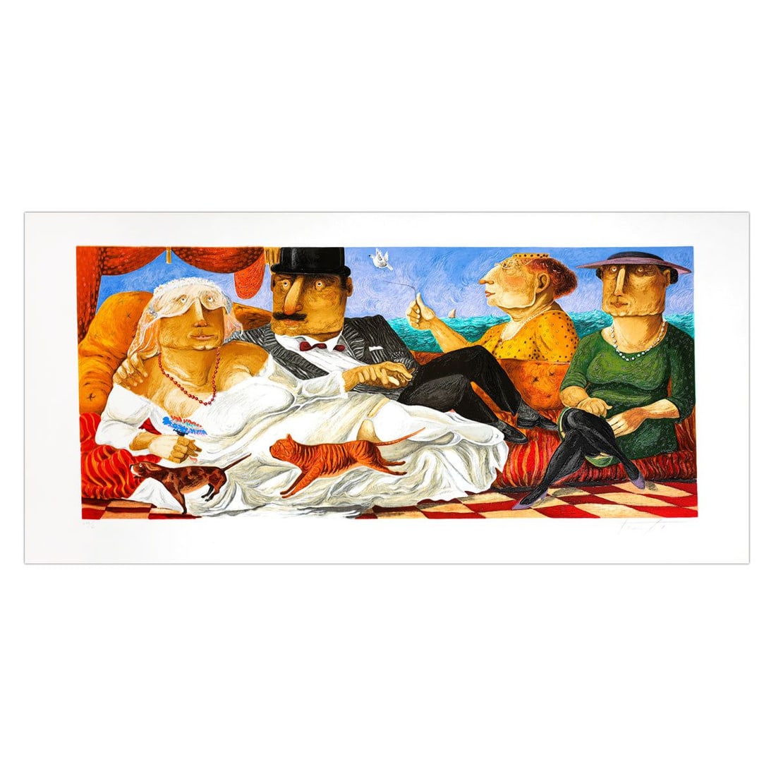 Pino Porcopio- SIlkscreen on Paper "Sposi Di Pantelleria": Artist: Pino Porcopio. Medium: SIlkscreen on Paper. Title: Sposi Di Pantelleria. Size: 18" x 39". Signature: Hand Signed and numbered. Certificate of Authenticity: Is included. Additional: Edition