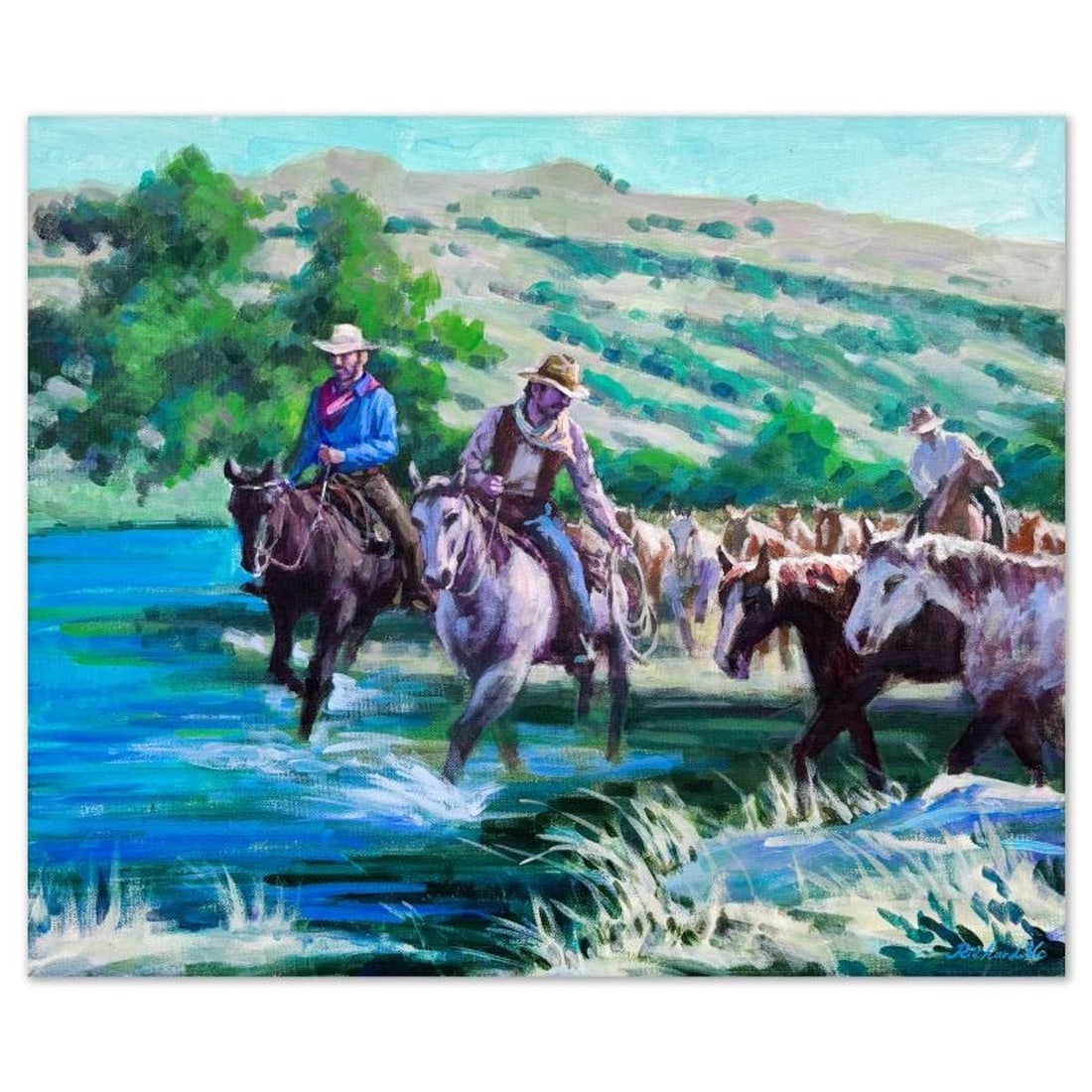 Richard Ho, "Round Up" Original Acrylic Painting on Canvas, Hand Signed with Letter of Authenticity.: Round Up is an original acrylic painting on stretched canvas by Richard Ho, hand signed by the artist. Includes Letter of Authenticity. Measures approx. 20" x 24" (image).