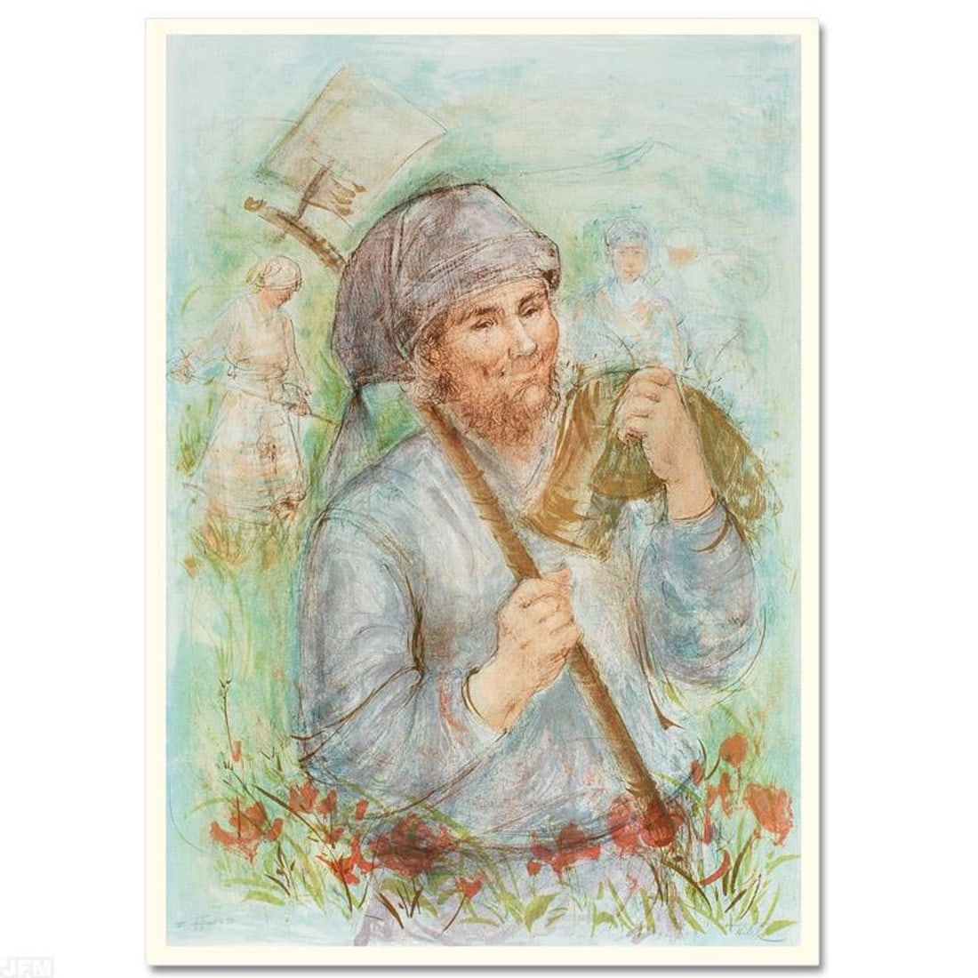 Man with Hoe Limited Edition Lithograph by Edna Hibel (1917-2014), Numbered and Hand Signed with: Man with Hoe is a limited edition lithograph on paper, numbered and hand signed by Edna Hibel (1917-2014). Includes Certificate of Authenticity! Measures approx. 29.5" x 41" (with border), 27.5" x 38.