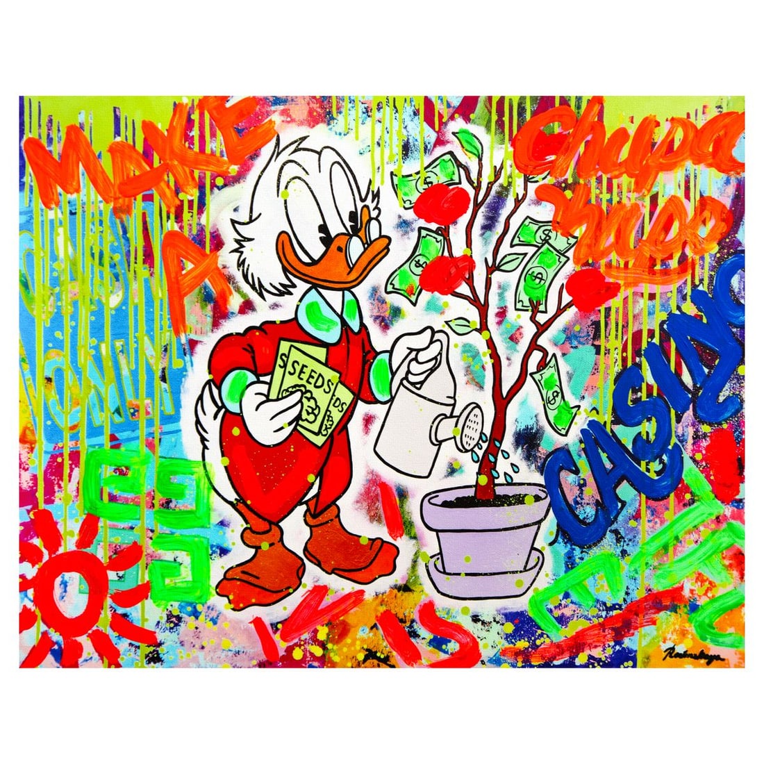 Nastya Rovenskaya- Mixed Media on Canvas "Duck Tales of Love & Loo": Artist: Nastya Rovenskaya. Medium: Mixed Media on Canvas. Title: Duck Tales of Love & Loo. Size: 16" x 20". Signature: Hand signed. Certificate of Authenticity: Is included. Reference#: 49418.