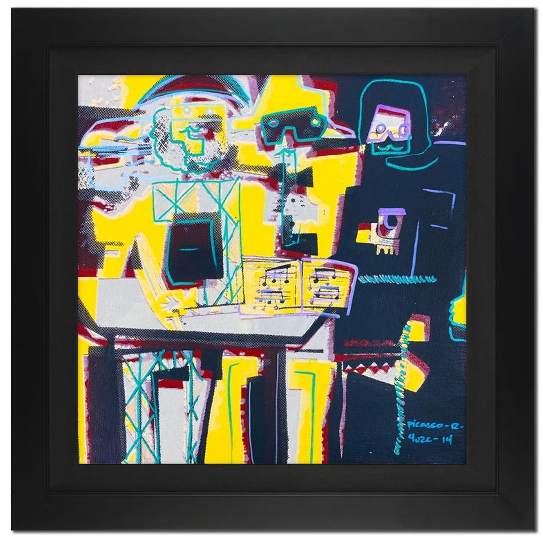 Ringo Daniel Funes, "Picasso Musicians" Framed One-of-a-Kind Mixed Media on Canvas, Hand Signed by: Picasso Musicians is a one-of-a-kind hand-pulled mixed media silkscreen on canvas by Ringo (Daniel Funes) - protege of Andy Warhol's apprentice, Steve Kaufman.This piece is hand signed by the artist a