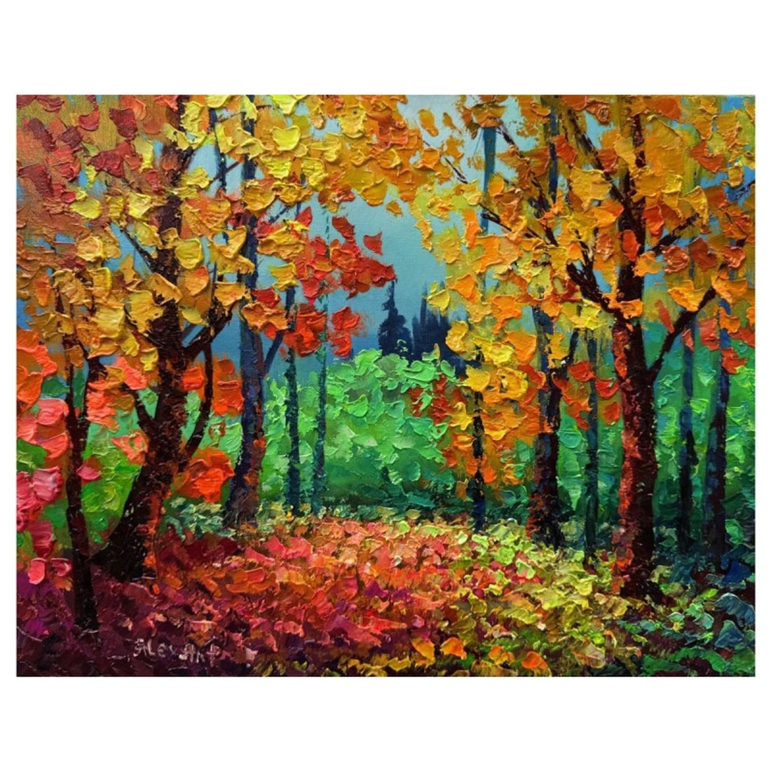 Alexander Antanenka, "Golden Forest" Hand Signed Original Painting on Canvas with Letter of: Golden Forest is an original oil painting on stretched canvas by Alexander Antanenka. Hand signed by the artist, the piece comes with a letter of authenticity. Measures approximately 14" x 18" (image)