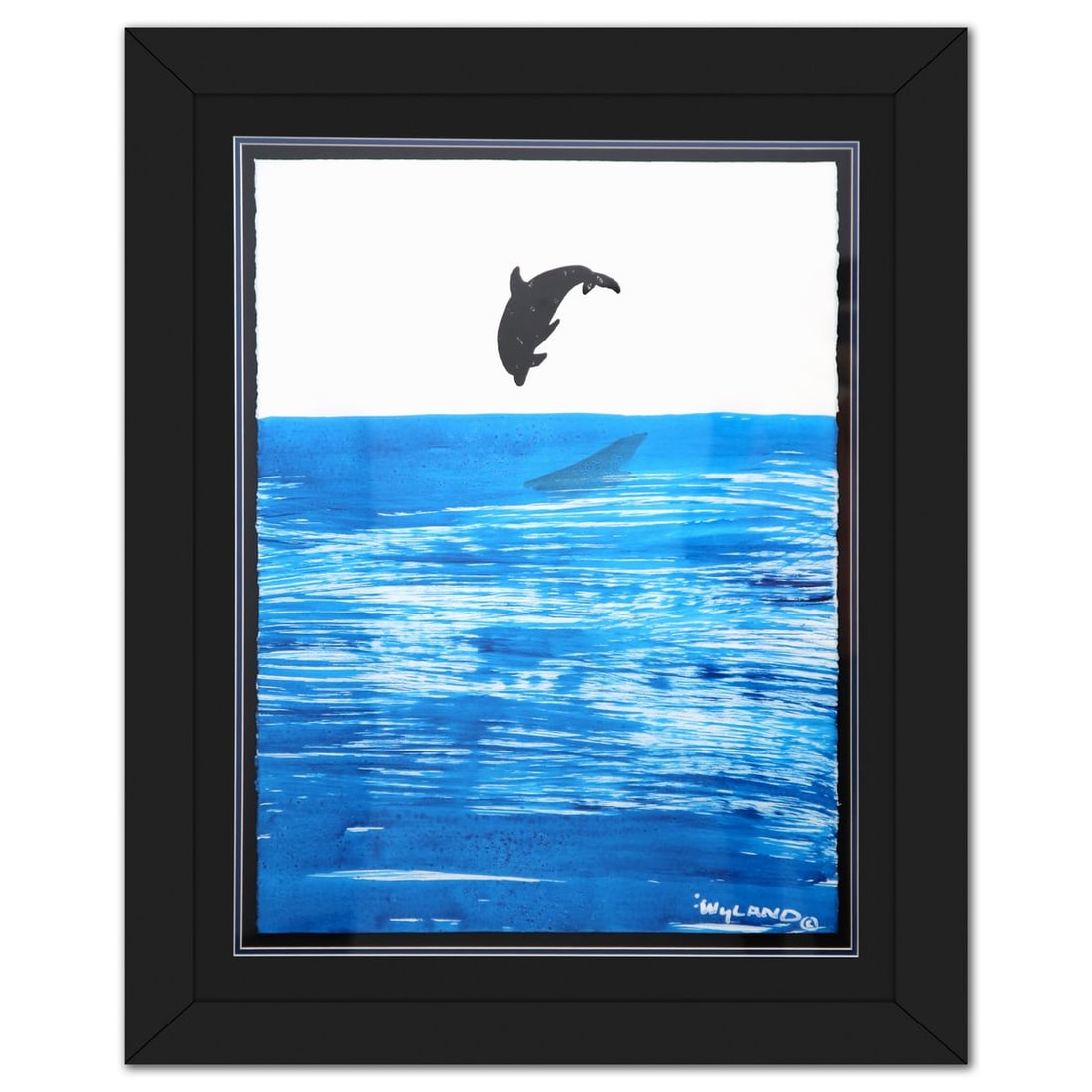 Wyland- Original Sumi Ink Painting "Dolphin Jumping": Artist: Wyland. Medium: Original Sumi Ink Painting. Title: Dolphin Jumping. Size: 30" x 22". Measures approx. 40" x 33" (framed). Signature: Hand signed. Certificate of Authenticity: Is included. Refe