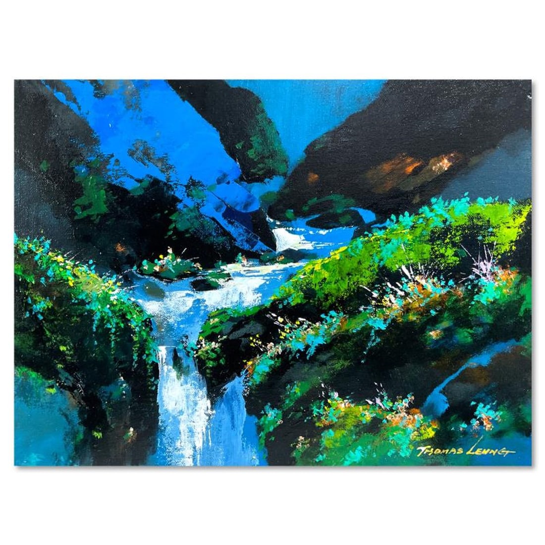 Thomas Leung, "Creek" Original Acrylic Painting on Board, Hand Signed with Letter of Authenticity: Creek is an original acrylic painting on board by Thomas Leung, hand signed by the artist. Includes Letter of Authenticity. Measures approx. 16" x 12" (image). There is a small chip on the "T" in the 