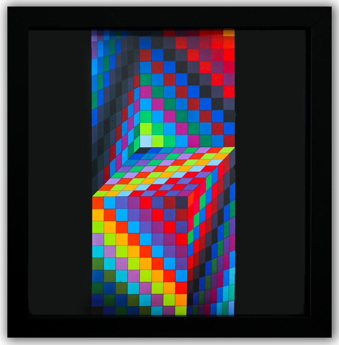 Victor Vasarely- Heliogravure Print "Axo - 77 de la serie Hommage A L'Hexagone": Artist: Victor Vasarely. Medium: Heliogravure Print. Title: Axo - 77 de la serie Hommage A L'Hexagone. Size: 10" x 10". Measures approx. 12" x 12" (framed). Additional: Custom Framed. Reference#: