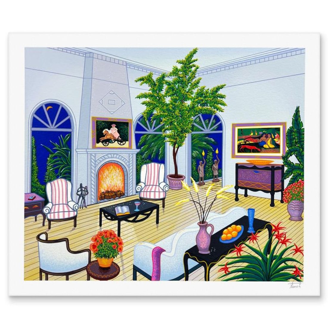 Fanch Ledan, "Interior with Monet and Gauguin" Limited Edition Serigraph, Numbered and Hand Signed: Interior with Monet and Gauguin is a limited edition serigraph on paper by Fanch Ledan, numbered and hand signed by the artist. Includes Letter of Authenticity. Measures approx. 16.5" x 19.5" (border)