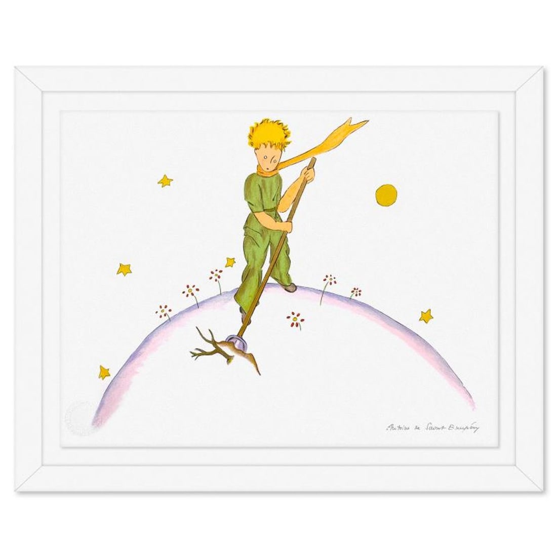 Antoine de Saint-Exupery 1900-1944 (After), "The Little Prince On His Planet" Framed Limited Edition: The Little Prince On His Planet is a limited edition lithograph on paper by Antoine de Saint-Exupery 1900-1944 (After), bearing the plate signature of the artist.This piece comes from an edition of