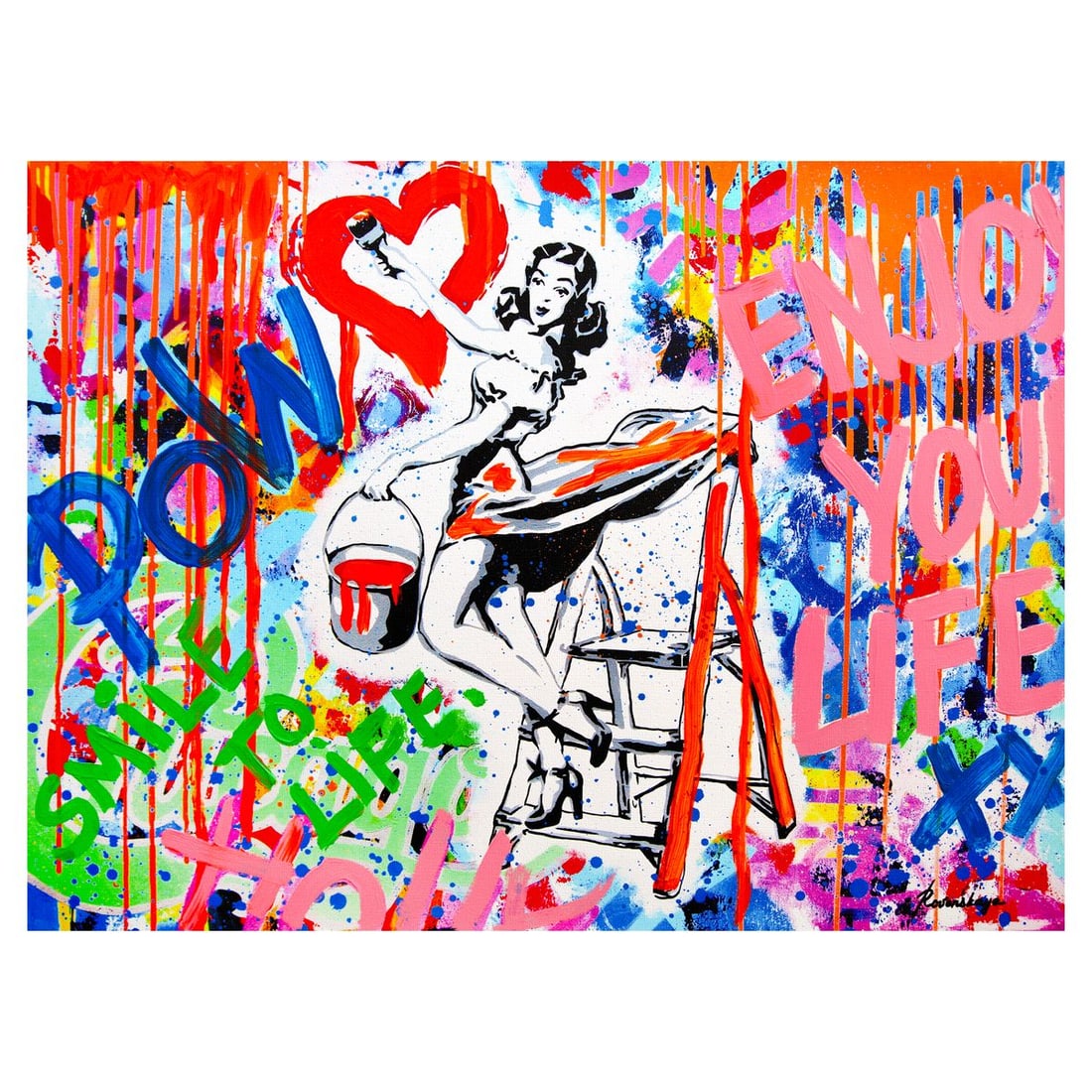 Nastya Rovenskaya- Mixed Media on Canvas "Retro Love": Artist: Nastya Rovenskaya. Medium: Mixed Media on Canvas. Title: Retro Love. Size: 30" x 40". Signature: Hand signed. Certificate of Authenticity: Is included. Reference#: 49440.