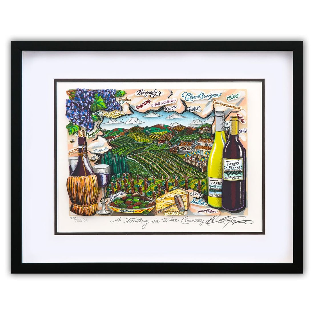 Charles Fazzino- 3D Construction Silkscreen Serigraph "A Tasting in Wine Country": Artist: Charles Fazzino. Medium: 3D Construction Silkscreen Serigraph. Title: A Tasting in Wine Country. Size: 11" x 15". Measures approx. 19.5" x 23" (framed). Signature: Hand Signed and numbered by 
