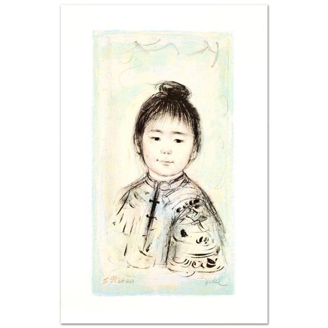Nina Limited Edition Lithograph by Edna Hibel (1917-2014), Numbered and Hand Signed with Certificate: Nina is a limited edition lithograph on paper, numbered and hand signed by Edna Hibel (1917-2014). Includes Certificate of Authenticity! Measures approx. 12.5" x 20" (with border), 9" x 16.5" (image).