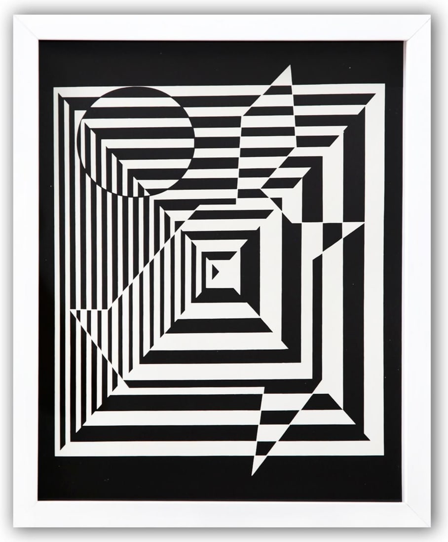 Victor Vasarely- Heliogravure Print "Untitled": Artist: Victor Vasarely. Medium: Heliogravure Print. Title: Untitled. Size: 14" x 11". Measures approx. 15" x 12" (framed). Additional: Custom Framed. Reference#: 21564.