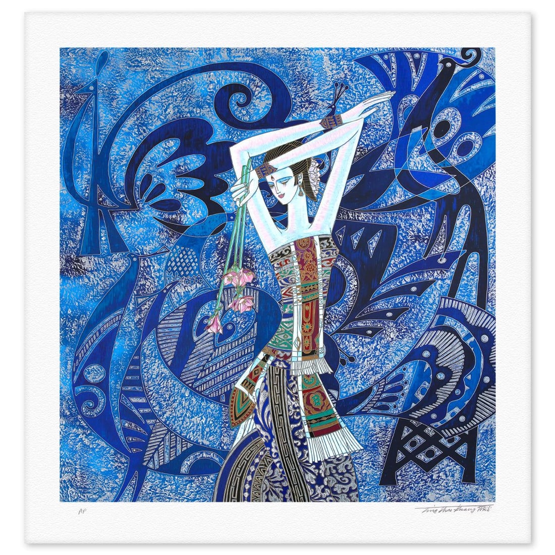 Ting Kuang- Silkscreen "Peacock and Flowers": Artist: Ting Kuang. Medium: Silkscreen. Title: Peacock and Flowers. Size: 36" x 33". Signature: Hand signed and numbered. Reference#: 74865.