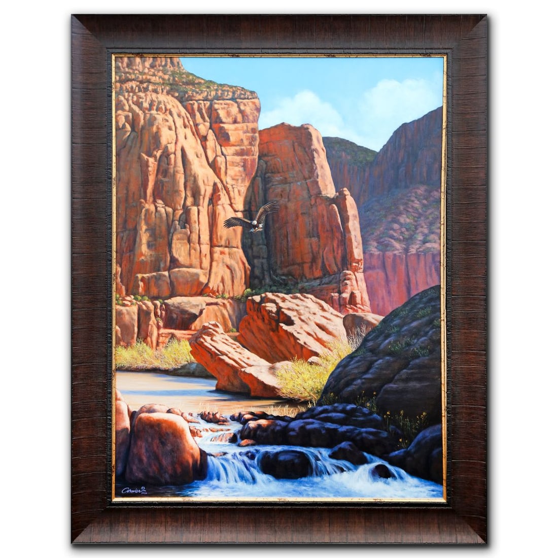 Wil Cormier- Original Oil on Canvas "Red River Eagle": Artist: Wil Cormier. Medium: Original Oil on Canvas. Title: Red River Eagle. Size: 48" x 35". Measures approx. 56" x 44" (framed). Signature: Hand signed. Certificate of Authenticity: Is included. Ref