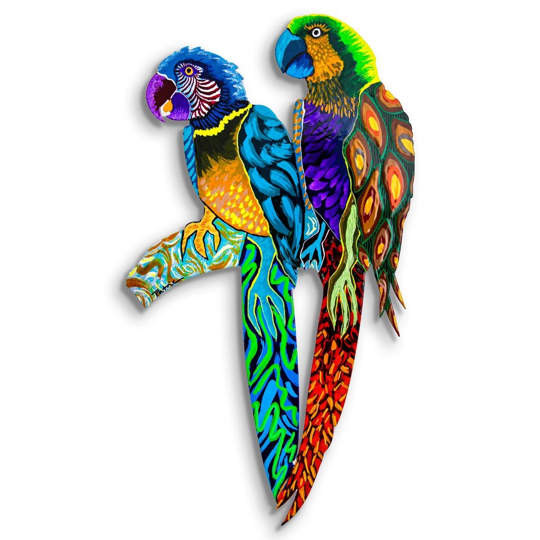 Patricia Govezensky- Original Painting on Laser Cut Steel "Two Parrots": Artist: Patricia Govezensky. Medium: Original Painting on Laser Cut Steel. Title: Two Parrots. Size: 18" x 10". Signature: Hand Signed by the artist. Certificate of Authenticity: Is included.