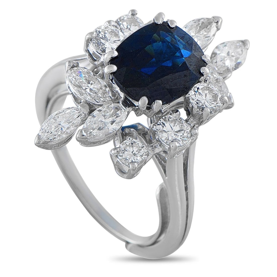 18K WHITE GOLD 1.15CT DIAMOND AND SAPPHIRE RING: This luxury ring has an undeniable elegance. It features a 1.90 carat Sapphire center stone surrounded by sparkling Diamond accents with a total weight of 1.15 carats. Set in 18K White Gold, a 1mm wid