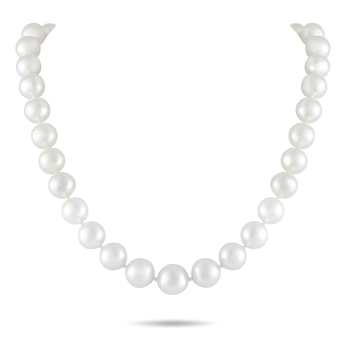 18K WHITE GOLD SOUTH SEA PEARL NECKLACE: This necklace is a single strand of lustrous South Sea pearls ranging from 10.5mm to 14mm, finished with an 18K white gold ball-shaped clasp set with sparkling diamond accents and stamped 750. The