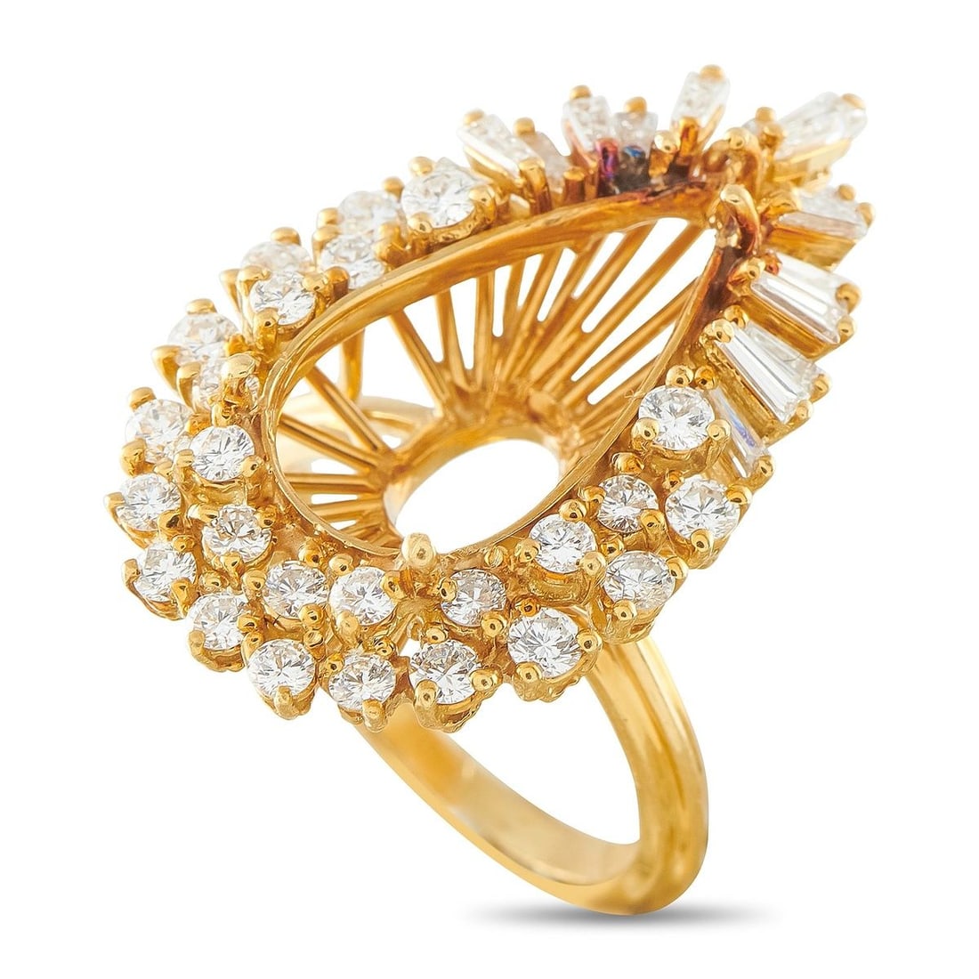 18K YELLOW GOLD 1.90CT DIAMOND PEAR-SHAPE MOUNTING RING: This 18K yellow gold cocktail ring setting is designed in a pear-shaped cluster motif, featuring rows of round brilliant and tapered baguette diamonds arranged in a sunburst pattern around an open cen