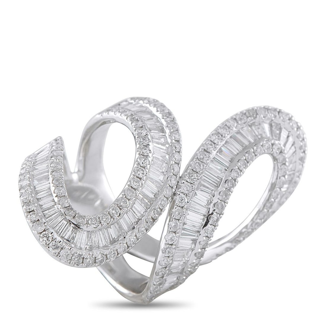 14K WHITE GOLD 4.0CT DIAMOND RING: Curved lines give this luxury ring an undeniable sense of fluidity. Incredibly chic, Diamonds with a total weight of 4.0 carats ensure it will effortlessly catch the light every time its worn. Set in 