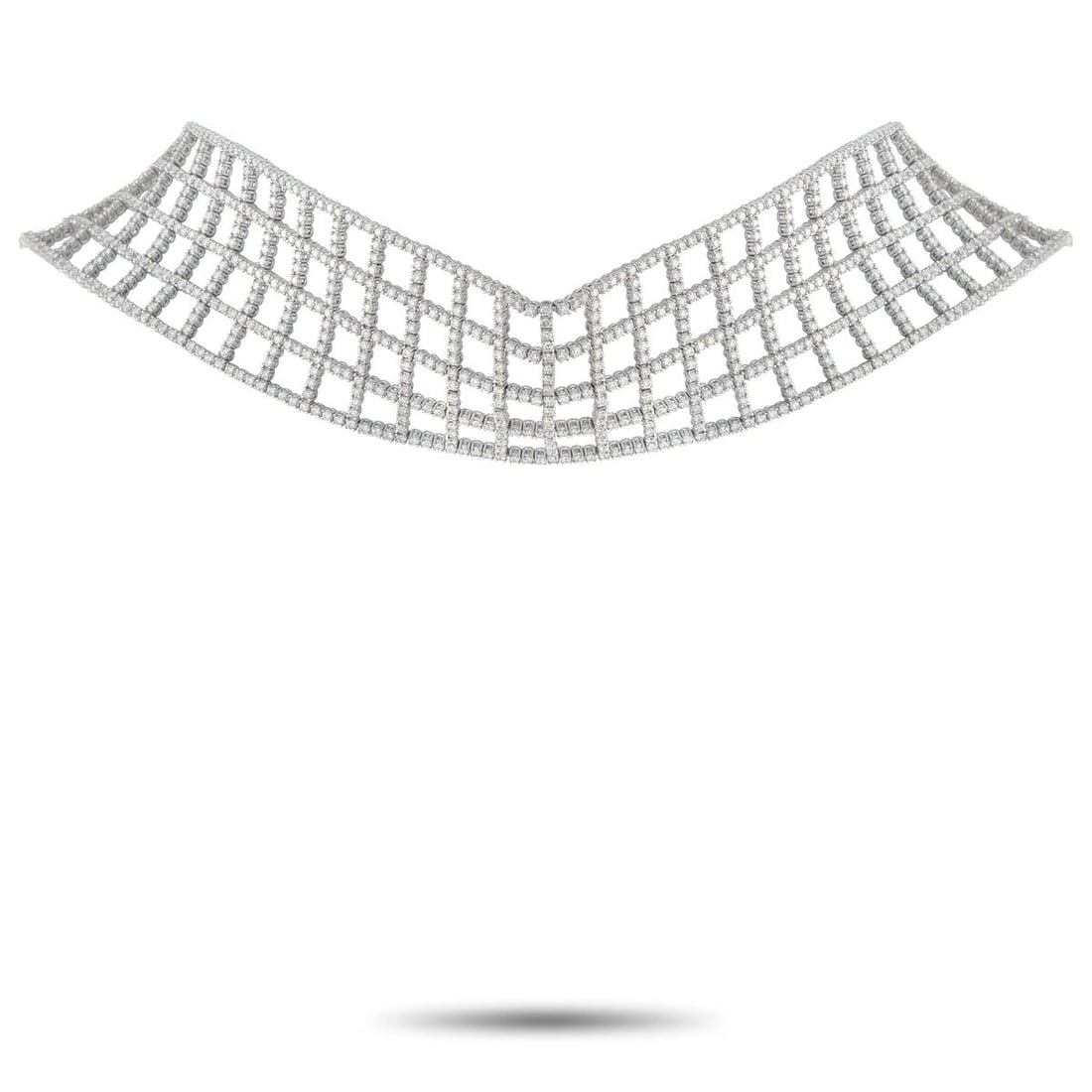 18K WHITE GOLD 25.20CT DIAMOND LATTICE CHOKER NECKLACE: This choker style necklace is delicate, dynamic, and incredibly impressive. The 18K White Gold setting features a lattice pattern that will continually make a statement. Diamonds with a total weight o