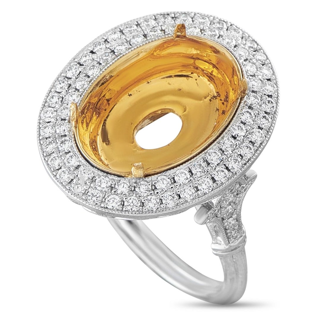 18K WHITE GOLD 0.59CT DIAMOND OVAL HALO MOUNTING RING: This 18k white gold ring setting features an oval diamond halo of pave-set round brilliant diamonds totaling approximately 0.59 carats, with a scrollwork gallery and diamond-set shoulders designed to 