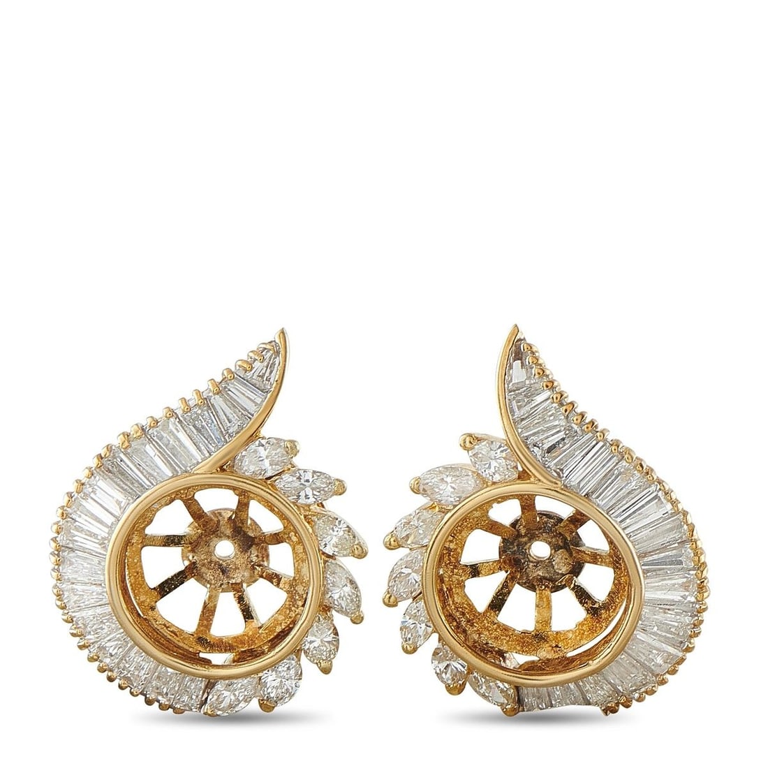 14K YELLOW GOLD 2.20CT DIAMOND EARRING JACKETS: This pair of 14K yellow gold earring jackets is designed to slide behind a stud earring, forming a swirling flame paisley silhouette set with tapered baguette and marquise-cut diamonds totaling approx