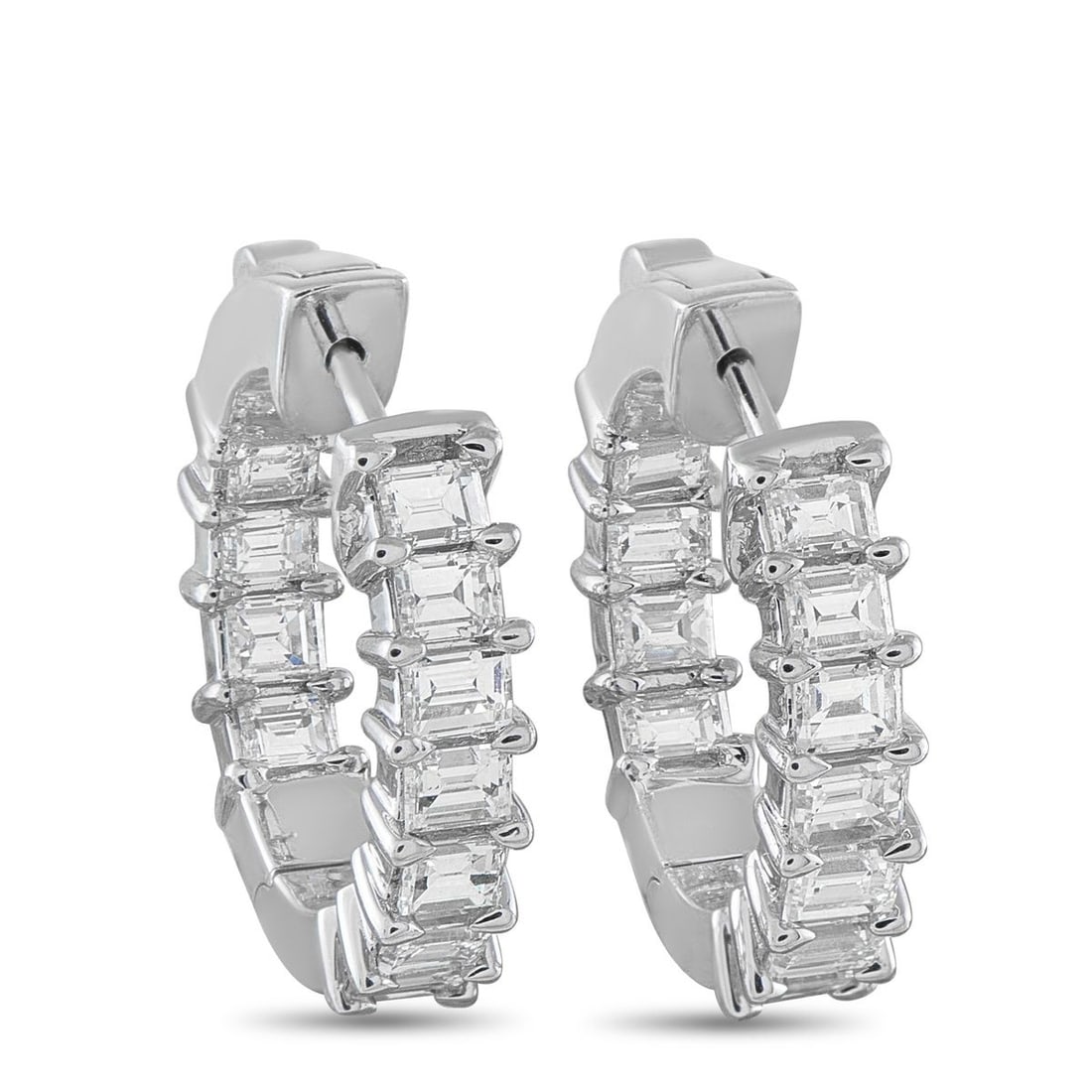 18K WHITE GOLD 2.10CT DIAMOND HOOP EARRINGS: A unique design allows these luxury earrings to catch the light from any angle. Set in 18K White Gold, Diamonds with a total weight of 2.10 carats make them simply unforgettable. Each earring measures