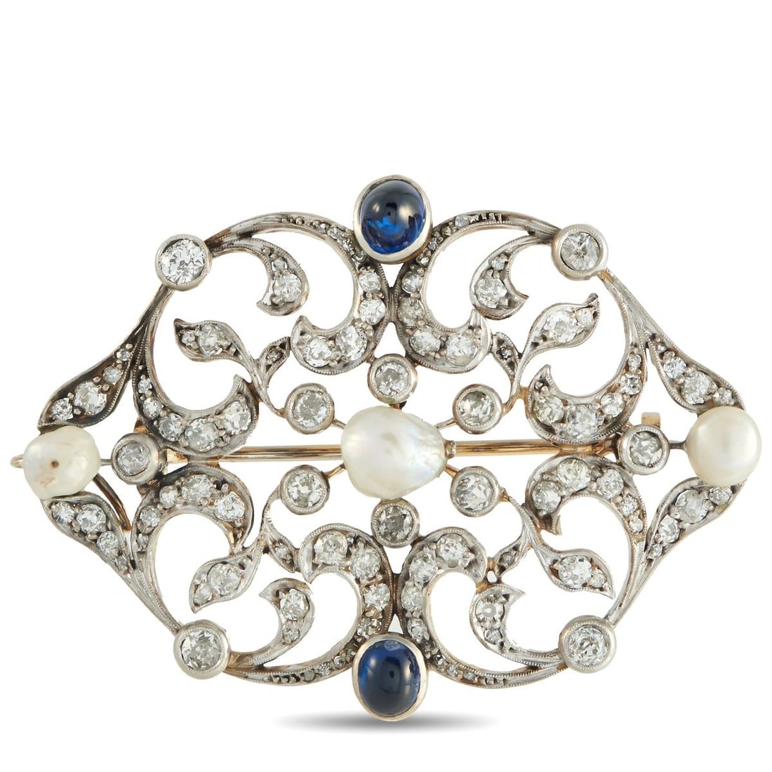 PLATINUM 4.0CT DIAMOND, SAPPHIRE, AND NATURAL PEARL BROOCH: This intricate Platinum brooch is filled with dramatic details. The openwork setting comes to life thanks to sparkling Diamonds totaling 4.0 carats and Sapphires totaling 3.0 carats. Natural Pearl acc
