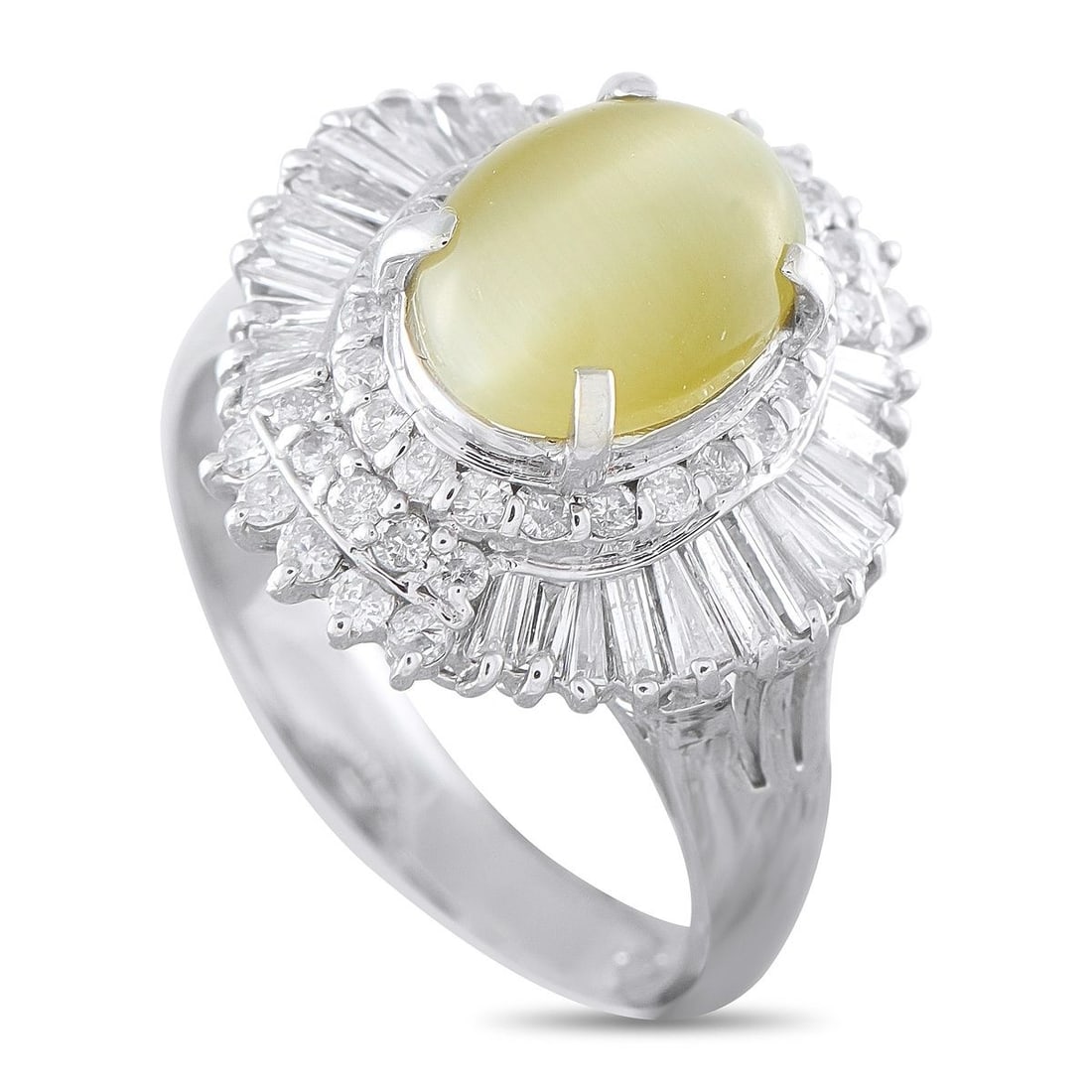 PLATINUM 0.82CT DIAMOND AND CAT'S EYE COCKTAIL RING: This cocktail ring showcases an oval cabochon-cut cat's eye chrysoberyl weighing approximately 1.99 carats at the center, prized for its silky band of chatoyant light. It is surrounded by a ballerina-
