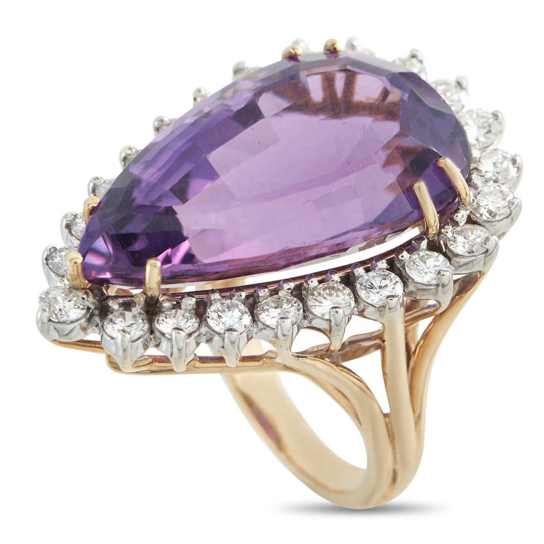 14K ROSE GOLD 1.84CT DIAMOND AND AMETHYST RING: This luxury ring is filled with intricate details. A breathtaking 15 carat Amethyst center stone offers a stylish pop of color, while a halo of Diamonds totaling 1.84 carats offers endless sparkle. Co