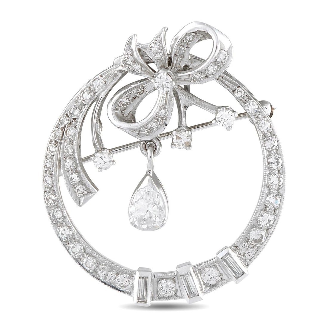 14K WHITE GOLD 1.40CT DIAMOND BROOCH: A circular design makes this luxury brooch a fabulous addition to any ensemble. Ribbon details make the 14K White Gold setting incredibly chic, while sparkling Diamond with a total weight of 1.40 cara