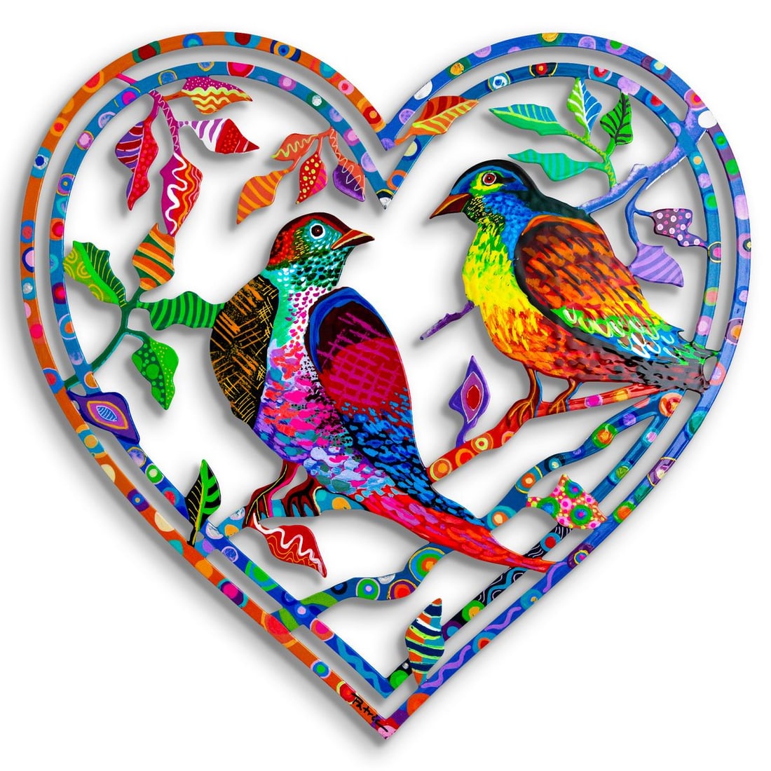 Patricia Govezensky- Original Painting on Laser Cut Steel "Love Birds": Artist: Patricia Govezensky. Medium: Original Painting on Laser Cut Steel. Title: Love Birds. Size: 16" x 16". Signature: Hand Signed by the artist. Certificate of Authenticity: Is included. Reference