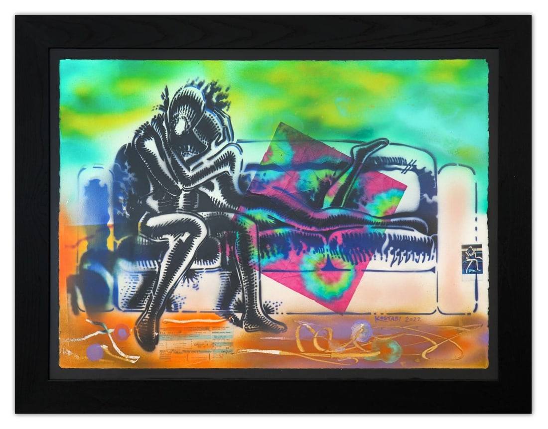 Mark Kostabi- Original Mixed Media on Paper "On Board, 2022": Artist: Mark Kostabi. Medium: Original Mixed Media on Paper. Title: On Board, 2022. Size: 30" x 40". Measures approx. 38" x 52" (framed). Signature: Hand Signed by the artist. Certificate of