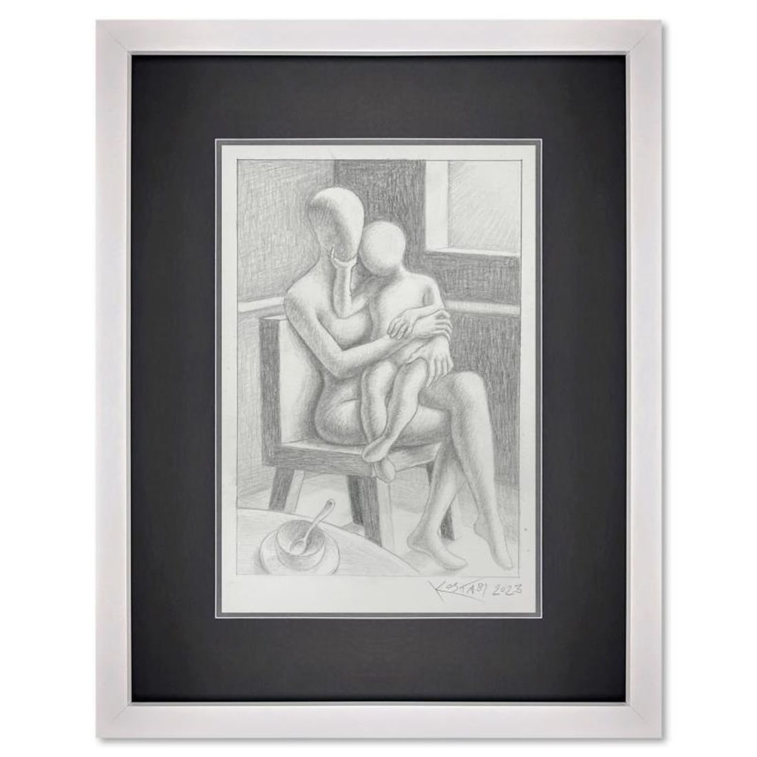 Mark Kostabi, "Glowing Bond" Framed Original Drawing on Paper, Hand Signed with Certificate of: Glowing Bond is an original drawing on paper by Mark Kostabi, hand signed by the artist. This piece comes custom framed and includes a certificate of authenticity. Measures approximately 15" x 11.5"
