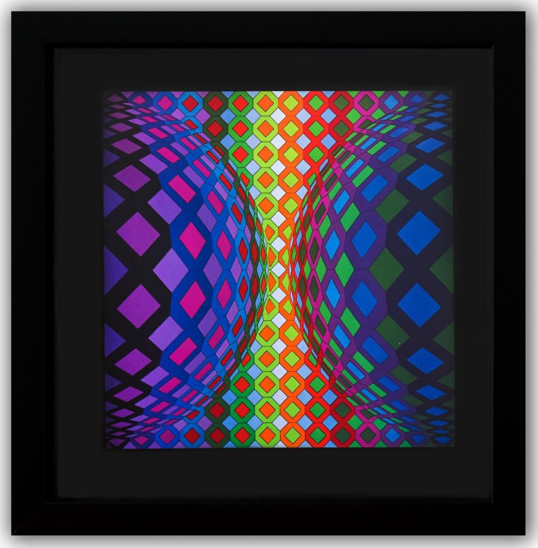 Victor Vasarely- Heliogravure Print "Reech": Artist: Victor Vasarely. Medium: Heliogravure Print. Title: Reech. Size: 10" x 10". Measures approx. 12" x 12" (framed). Additional: Custom Framed , 1975. Reference#: 21396.