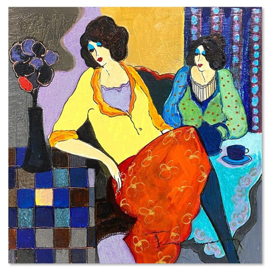 Itzchak Tarkay (1935-2012), "Sisters" One-of-a-Kind Mixed Media Over Paint on Wood, Hand Signed with: Sisters is a one-of-a-kind mixed media over paint on wood by Itzchak Tarkay (1935-2012), hand signed by the artist. Includes Letter of Authenticity. Measures approx. 9" x 9" (image).