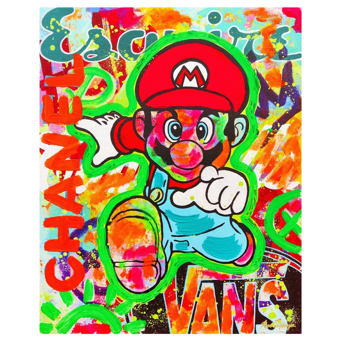 Nastya Rovenskaya- Mixed Media on Canvas "Super Mario's Urban Quest": Artist: Nastya Rovenskaya. Medium: Mixed Media on Canvas. Title: Super Mario's Urban Quest. Size: 20" x 16". Signature: Hand signed. Certificate of Authenticity: Is included. Reference#: 26340.