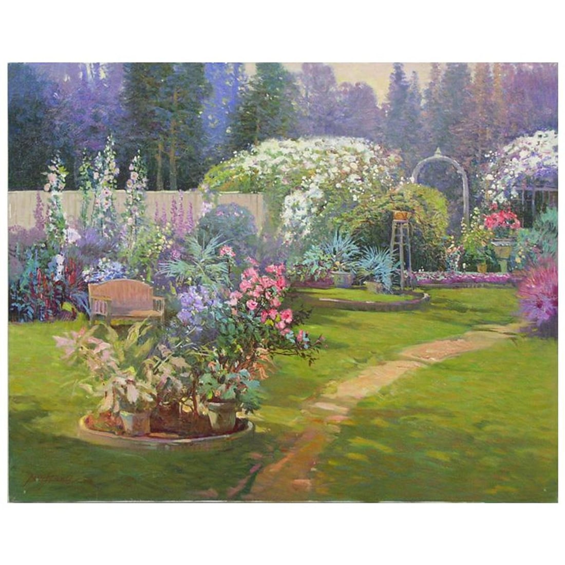 Ming Feng, "Late Summer Garden" Original Oil Painting on Canvas, Hand Signed with Letter of: Late Summer Garden is an original oil painting on stretched canvas by Ming Feng, hand signed by the artist. Includes Letter of Authenticity. Measures approx. 30" x 24" (image).