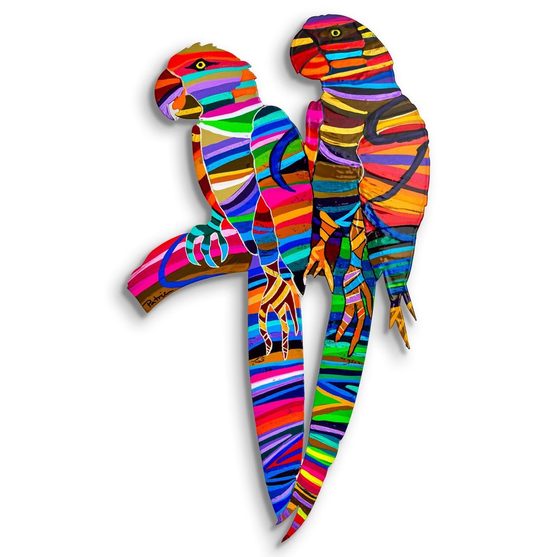 Patricia Govezensky- Original Painting on Laser Cut Steel "Two Parrots": Artist: Patricia Govezensky. Medium: Original Painting on Laser Cut Steel. Title: Two Parrots. Size: 18" x 10". Signature: Hand Signed by the artist. Certificate of Authenticity: Is included. Referenc