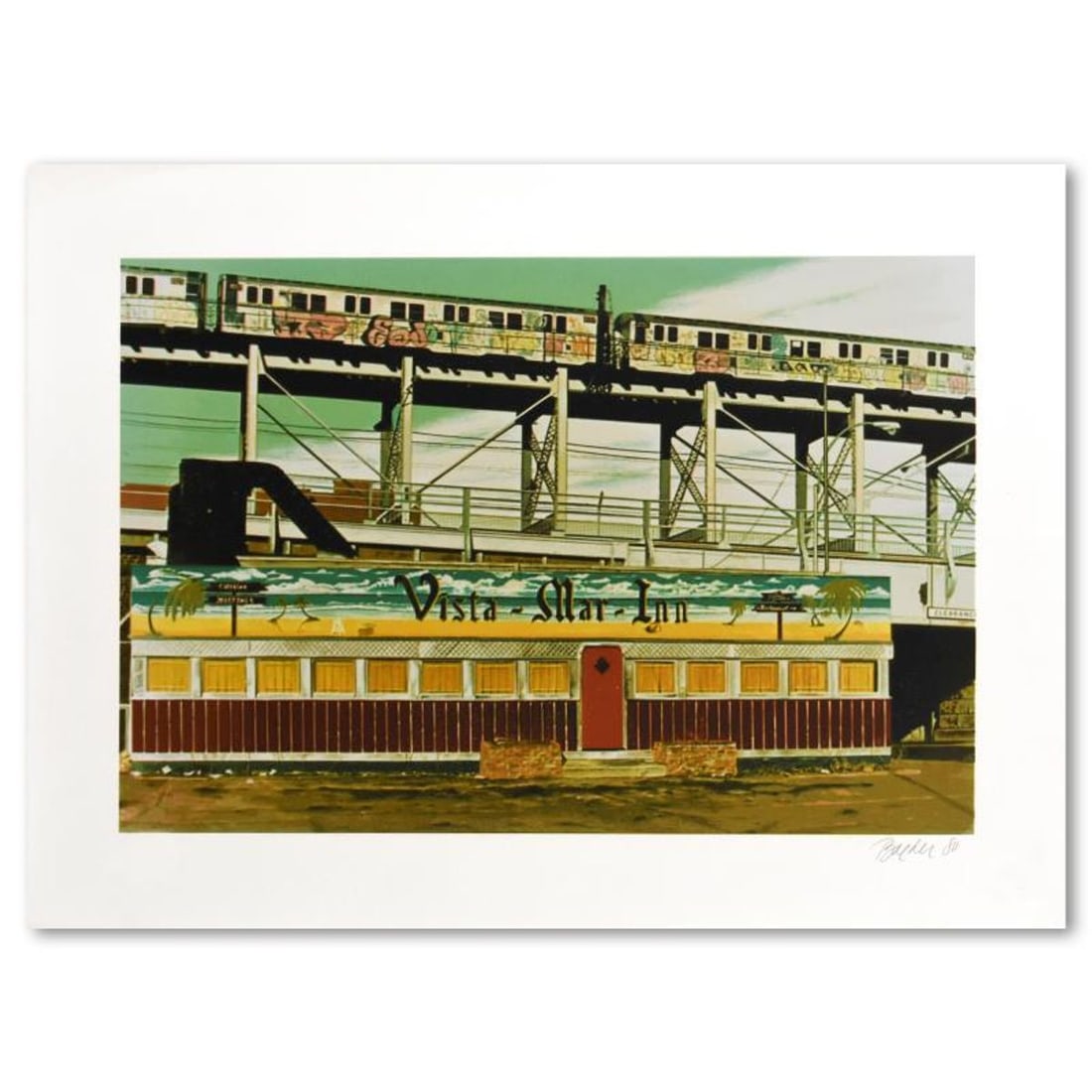 John Baeder, "Vista Mar Inn" Limited Edition Silkscreen, Numbered and Hand Signed with Letter of: Vista Mar Inn is a limited edition silkscreen on somerset paper by John Baeder, numbered and hand signed by the artist. Includes Letter of Authenticity. Measures approx. 30" x 22" (border); 24.5" x