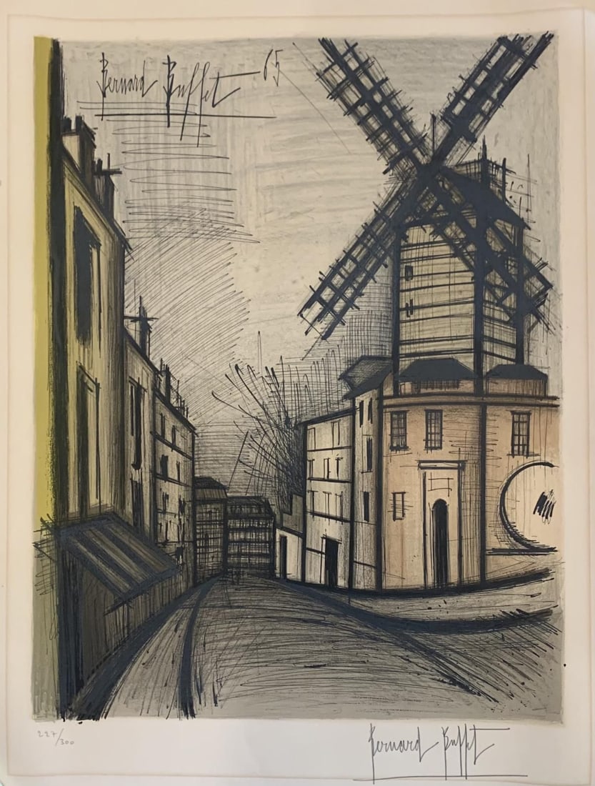 Bernard Buffet- lithograph on paper "Windmill": Artist: Bernard Buffet. Medium: lithograph on paper. Title: Windmill. Size: 24" x 30". Signature: Hand signed and numbered. Reference#: 28114.