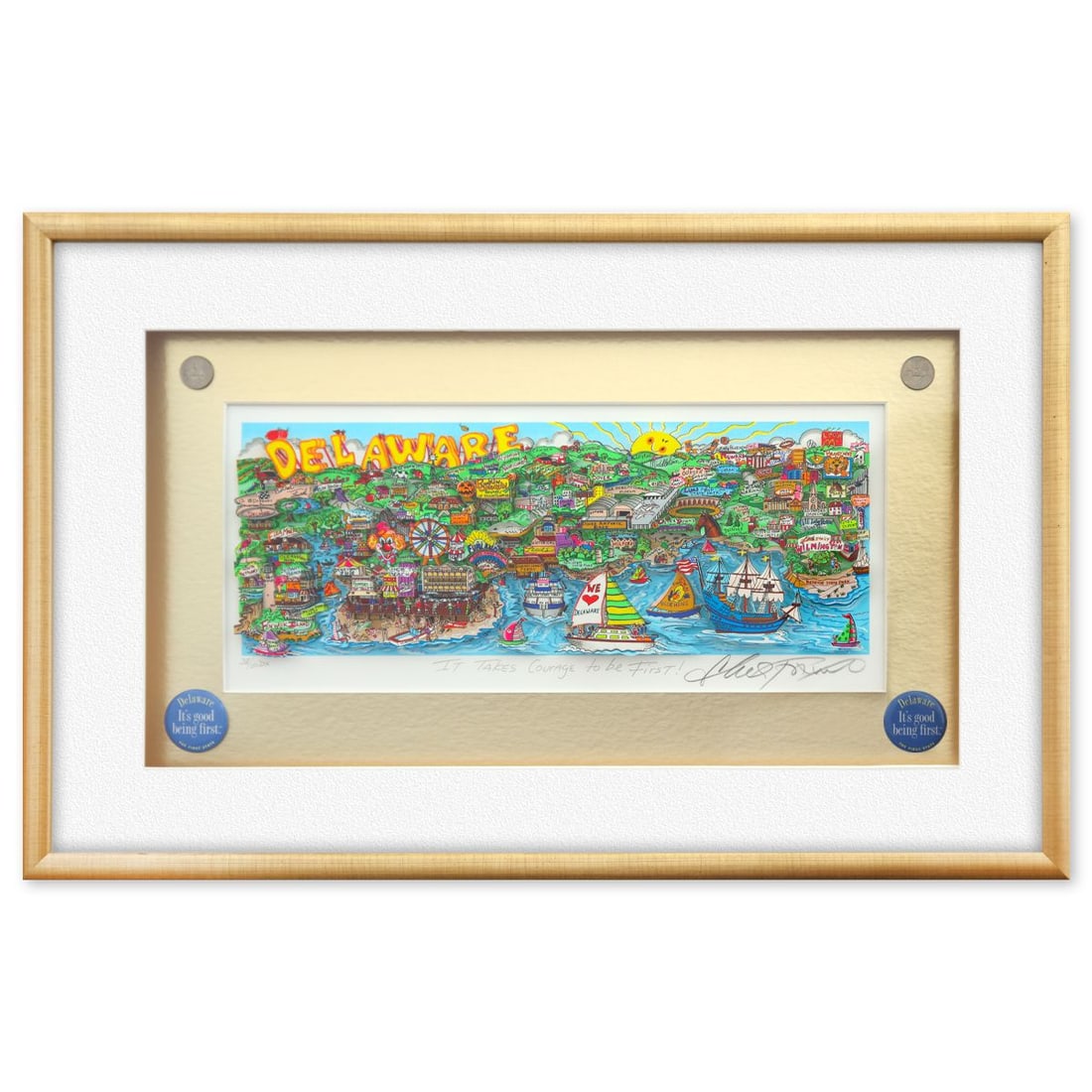 Charles Fazzino- 3D Construction Silkscreen Serigraph "It Takes Courage to be First!": Artist: Charles Fazzino. Medium: 3D Construction Silkscreen Serigraph. Title: It Takes Courage to be First!. Size: 8" x 18". Measures approx. 18" x 29" (framed). Signature: Hand Signed and numbered. C