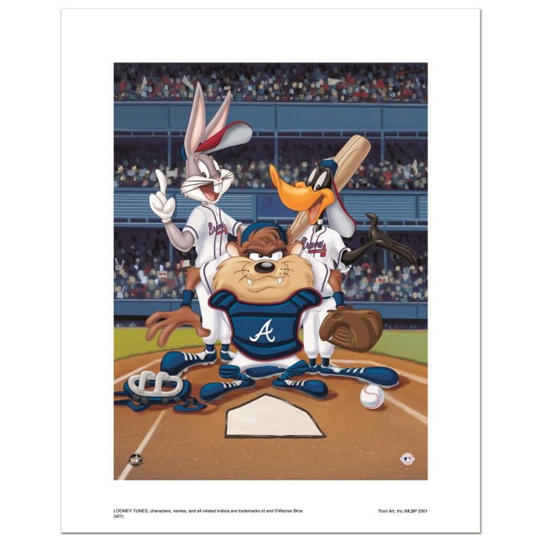 At the Plate (Braves) Numbered Limited Edition Giclee from Warner Bros. with Certificate of: At the Plate (Braves) is a limited edition giclee on paper from Warner Bros. featuring iconic Looney Tunes characters in Atlanta Braves MLB uniforms. It comes numbered, with hologram seal, and a Certi