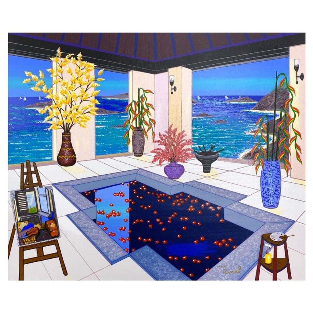 Fanch Ledan, "Interior with Spa" Limited Edition Serigraph on Canvas, AP Numbered Inverso and Hand: Interior with Spa is a limited edition serigraph on canvas by Fanch, AP numbered inverso and hand signed by the artist. Includes Letter of Authenticity. Measures approx. 16" x 19.5" (image). This proo
