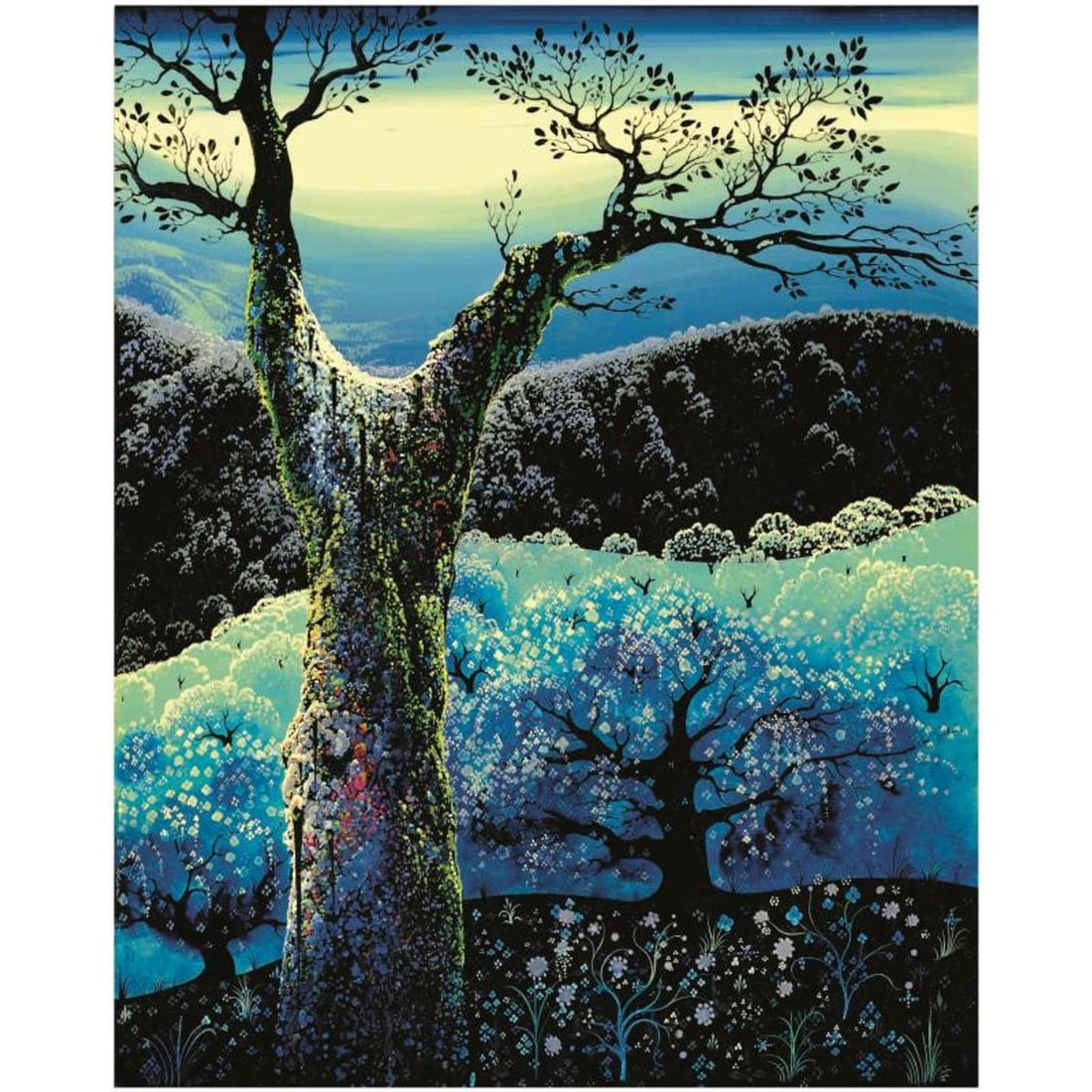 Eyvind Earle (1916-2000), "Orchard in Bloom" Estate Limited Edition Serigraph on Paper with: Orchard in Bloom is an estate limited edition serigraph on paper by Eyvind Earle (1916-2000). The piece is numbered, gold stamped with the artist's trademark signature by Eyvind Earle Publishing LLC. 