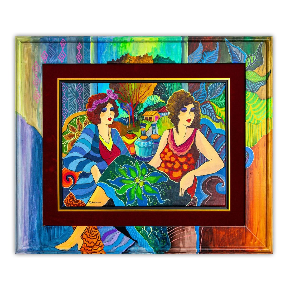 Patricia Govezensky- Original Acrylic with Hand Painted Frame "The Gathering": Artist: Patricia Govezensky. Medium: Original Acrylic with Hand Painted Frame. Title: The Gathering. Size: 12" x 16". Measures approx. 21" x 25" (framed). Signature: Hand Signed by the Artist. Certifi