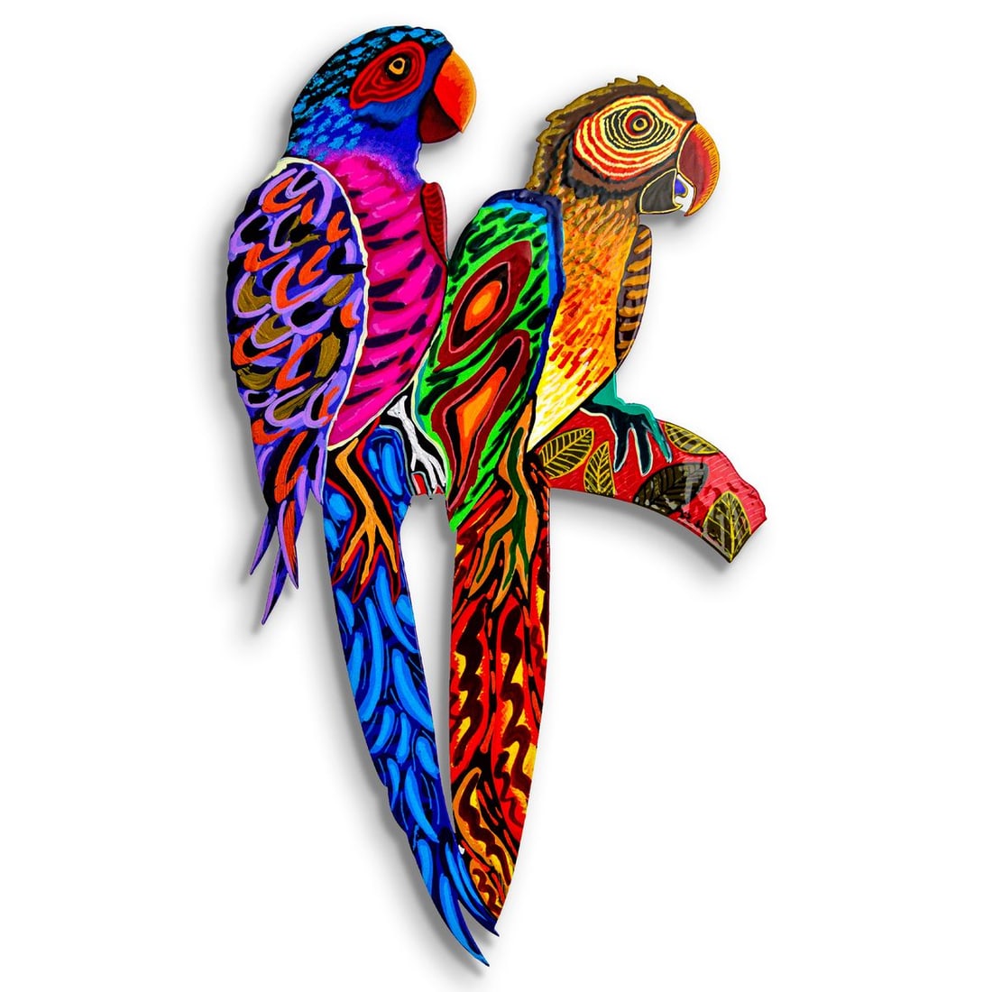 Patricia Govezensky- Original Painting on Laser Cut Steel "Two Parrots": Artist: Patricia Govezensky. Medium: Original Painting on Laser Cut Steel. Title: Two Parrots. Size: 18" x 10". Signature: Hand Signed by the artist. Certificate of Authenticity: Is included. Referenc