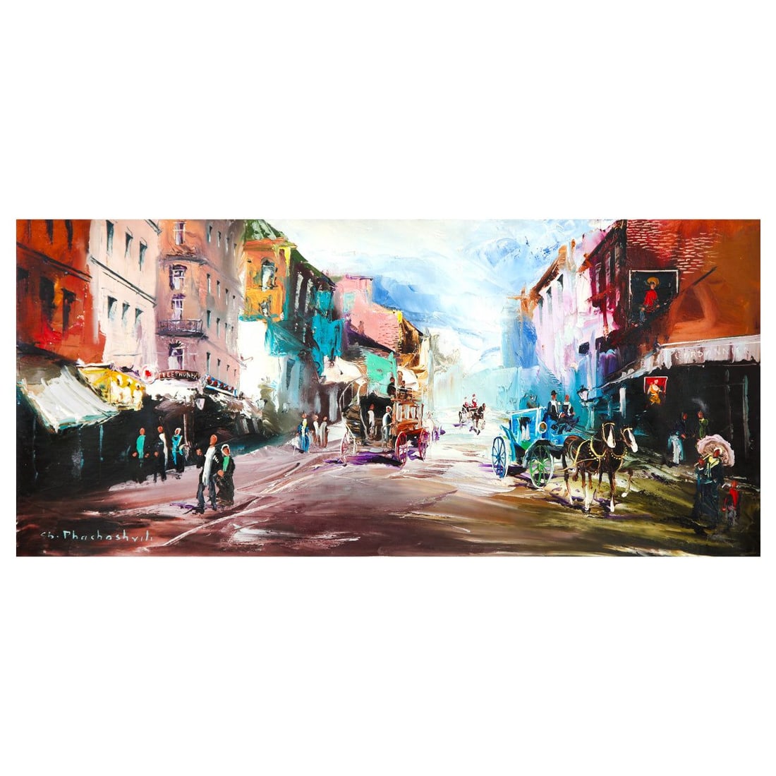 Shalva Phachoshvili- Original Oil on Canvas "Life Between the Buildings": Artist: Shalva Phachoshvili. Medium: Original Oil on Canvas. Title: Life Between the Buildings. Size: 13" x 29". Signature: Hand Signed by the artist. Certificate of Authenticity: Is included. Referen
