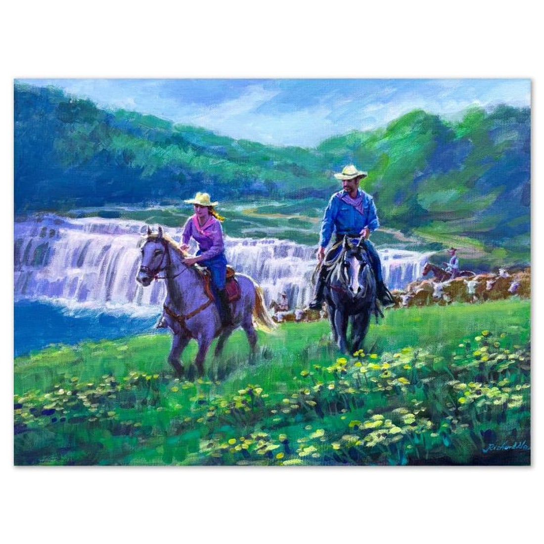Richard Ho, "Cattle Drive East" Original Acrylic Painting on Canvas, Hand Signed with Letter of: Cattle Drive East is an original acrylic painting on stretched canvas by Richard Ho, hand signed by the artist. Includes Letter of Authenticity. Measures approx. 18" x 24" (image).